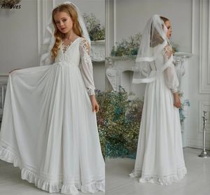 Robes de demoiselle d'honneur de mariage Boho Garden Beach, col en V, dentelle appliquée avec manches longues, robes de fête d'anniversaire pour enfants, longueur au sol, robe de première communion pour tout-petits CL3262