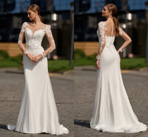 Boho jardin broderie dentelle sirène robes de mariée avec manches longues encolure dégagée élégantes robes de mariée en satin balayage train boutons arrière Robes de mariée CL3426