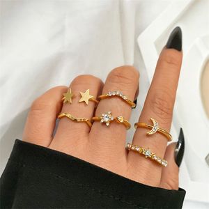 Boho Goud Kleur Crystal Star Maan Ringen Set Voor Vrouwen Geometrische Onregelmatige Golf Knucle Vinger Ringen Bruiloft Sieraden Party geschenken