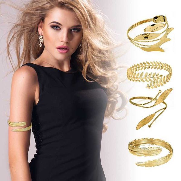 Boho Gold Color Feuilles Bracelet de manchette de bras supérieur Bracelet de brassard de forme de feuille de laurier Brassard Femme Femme Bracelet Bracelet Bracelet Bijoux Q0720