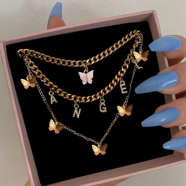 BOHO doré multicouche papillon breloques grosse chaîne collier pour femmes cristal ange lettres pendentifs collier nouveau 2021 bijoux