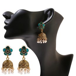 Boho groene bloem india etnische bengelen oorbellen voor vrouwen vrouwelijke bedels parel kralen bruiloft oorbellen sieraden accessoire