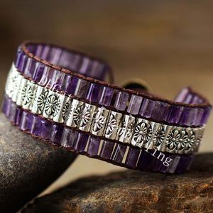 Boho tissé à la main en améthyste naturelle - Bracelet réglable en forme de tube - Fleur de cristal violet - Perles en métal - Bracelets en cuir pour hommes et filles