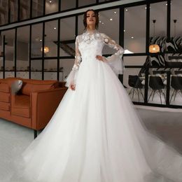 Boho Col Haut Une Ligne Robe De Mariée 3D Floral Appliques Ivoire Tulle Longues Robes De Mariée Avec Cloche À Manches Longues Plage Robes De Mariée Robe De Mariee 2022