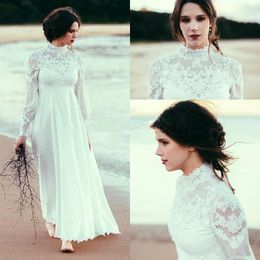 Boho col haut manches longues robes de mariée 2018 dentelle mousseline de soie taille empire longueur cheville robe de mariée de plage