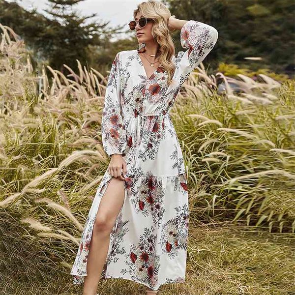 Boho taille haute fleur imprimé dames robe Élégant a-ligne Imprimer Printemps été floral longue pour les femmes vestido Complet 210508