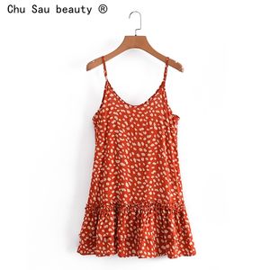 Boho vakantie stijl mode v-hals print camisole jurk zomer vrouwelijke verse zoete hoog getailleerde ruche rok sexy 210508