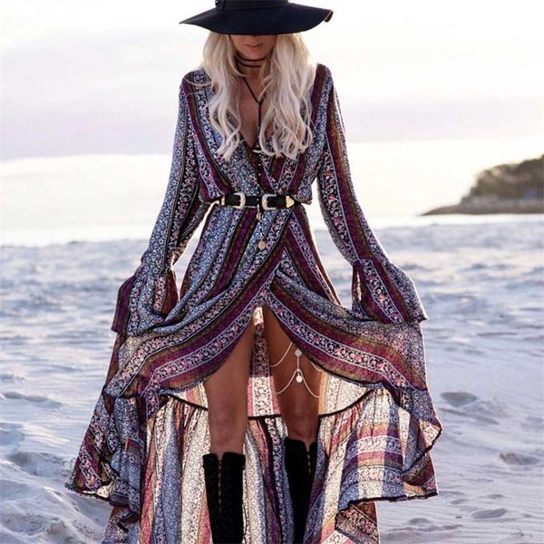 Vestido de playa de inspiración bohemia Casual floral estampado sexy Split manga larga túnica abrigo vestidos de verano hippie chic vestidos 210309