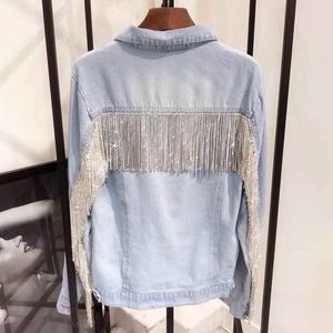 Boho inspiré veste en jean femmes côtes de la mode bling strass chaines manches longues bleu vintage lâche veste femmes nouveau 201017