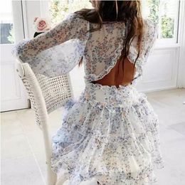 BOHO GEÏNSPIREERD Harlow Bloemenprint Ruffle Jurk Vrouwen Backless V-hals Jurk Vrouwen Mini Zoete Jurk Dames Feestjurken 210423