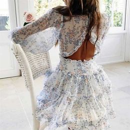 Boho geïnspireerde Harlow bloemenprint ruches jurk vrouwen backless v-neck jurk mini zomer dames feest 220516