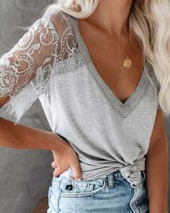 Boho Inspiré Dentelle Deep V-Col Top T-shirt Femme Sheer Dentelle Manches Coton Sexy Femmes Tee Tops Tops d'été à manches courtes Plus Taille X0628