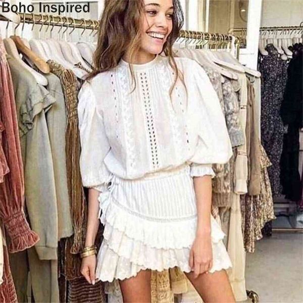 BOHO INSPIRADO Lorelei escalonado vestido de fiesta blanco bordado vestido con volantes mujeres cuello redondo manga linterna mini algodón boho vestido 210323