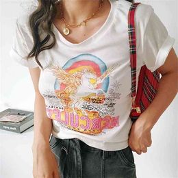 Boho Geïnspireerd Wit Grafische T-stuk Dames Casual Katoenen Korte Mouw T-shirt Vrouwen Mode Vrouwelijke T-shirt Rainbow Print Girl Tops 210720