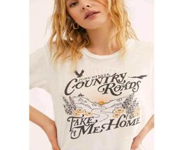 Boho Inspiré White Summer Tshirt Country Roads Tee Round Neck Couf-manche Imprimé graphique T-shirts Femmes Casual Chic Summer Top Y6419954