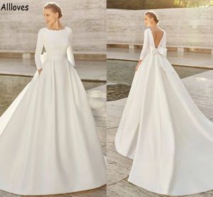 Boho marfil satin una l￭nea vestidos de novia cuello joya 3/4 mangas largas trenes de barrido vestidos de novia Big arco sexy abierta bosque t￺nica simple de mariee cl1441