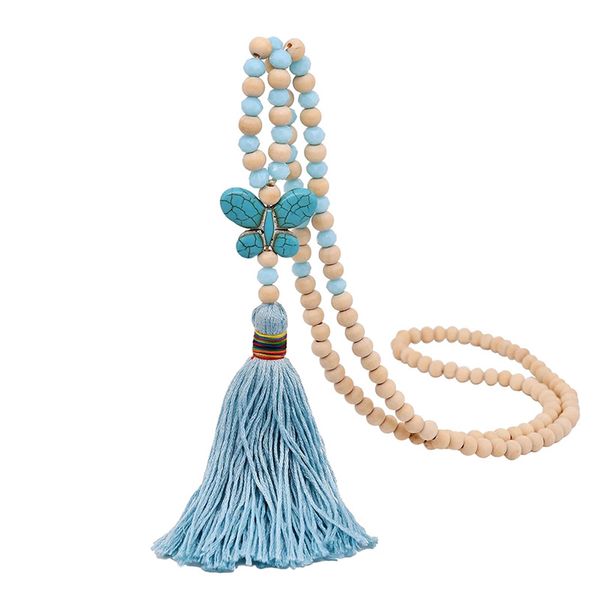 Boho bijoux collier de perles en bois fait à la main Long gland papillon pendentifs colliers