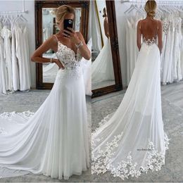 Boho Lace A Line Marid Robes Stracts Backless Button Appliques Sweep Train Designer Mariage Bridal Robes 0431