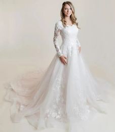 Boho Kant Geappliceerde Trouwjurken 2023 Elegante Lange Mouwen Bruidsjurken V-hals Tule Country Western Vestido De Novia