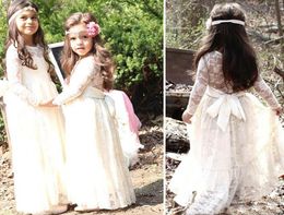 Boho kant bloem meisje jurken bohemian country bruiloft jurk lange mouw mooie kinderen verjaardag communie jurken aanpassen