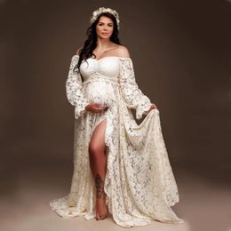 Boho Lace Maternity Po Shoot Long Dress Maternity Pograpy Fits Sets 2 en 1 Vestidos de embarazo para Pogografía 240408