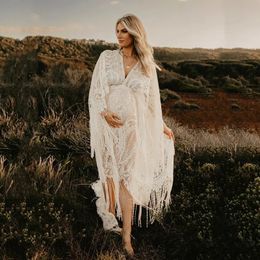 Boho Lace moederschap Pography Props jurken gratis maat verstelbaar zwangerschap Po Shoot Boho lange jurk zijkanten split 240301