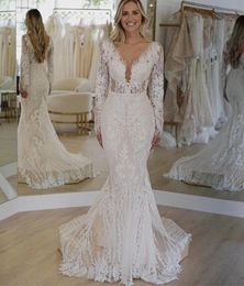 Boho dentelle sirène robes de mariée manches longues robes de mariée col en V profond balayage train appliqué dos nu robe de mariée robe de Novia