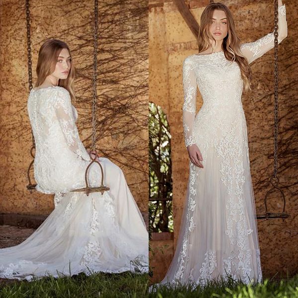 Vestidos de novia de sirena de encaje bohemio, vestidos de novia de manga larga, apliques de tren de barrido, ropa de recepción musulmana de marfil, fabricación personalizada