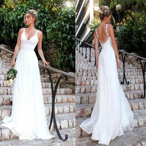 Boho dentelle robes de mariée robe de mariée sexy dos nu bretelles Spaghetti appliqué longueur de plancher sur mesure grande taille plage robe De Novia 401 401