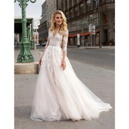 Boho dentelle robe de mariée avec broderie sur mesure manches longues grande taille dentelle une ligne robe de mariée en Tulle