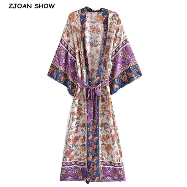 BOHO Locate Floral Print Long Kimono Shirt Hippie Mujeres con cordones Tie Bow Sashes Cardigan Blusa suelta Tops Holiday 210429