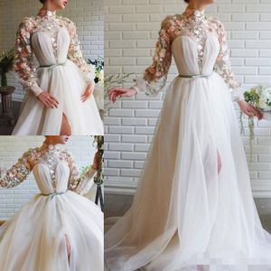 Boho Long 2020 Sleeves prom jurken 3D bloemen applique handgemaakte bloemen borduurwerk op maat gemaakte zijspleet avondfeestjurken plus maat