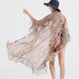 Boho Long Blouse Shirt Mariffon Floral Print Kimono Kaftan Tassel Vestidos Beach Fringe Fringe Cover-ups Robe For Women Tops