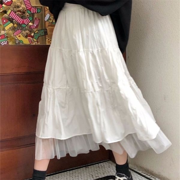 Boho Jupes longues pour femmes Jupes Harajuku Style coréen Blanc Noir Maxi Jupe pour adolescents Jupe taille haute Jupes d'école 210730