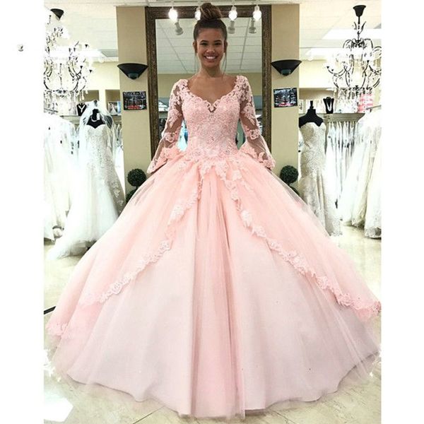 Boho manga larga rosa vestidos de quinceañera Prom 2019 vestido de bola barato apliques de encaje corsé espalda con gradas falda dulce 16 vestido Vestido De Novia