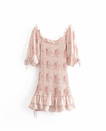 Boho loveshackfancy robe beige beige à manches courtes volants de vacances blogueurs d'intérêt mini-robe femme 3151283