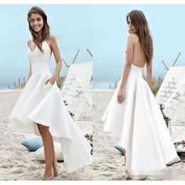 Boho Low 2019 High Simple Robes courtes Spaghetti Stracles Sexyless Satin Satin Back Madoure Mariage Bride Bridal Vestido de Novia