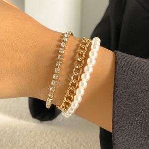 Boho luxe glanzende kristallen armband dames set retro goud metalen eenvoudige imitatie parel kralen bedelarmbanden meisje sieraden