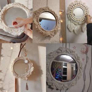 Boho Macrame ronde spiegel decoratieve spiegels esthetische kamer decor hangende wandspiegel voor slaapkamer woonkamer huisdecoratie