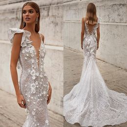 Boho sirena vestido de novia 3D flores apliques vestidos de novia playa bohemio pura espalda vestido de casamento
