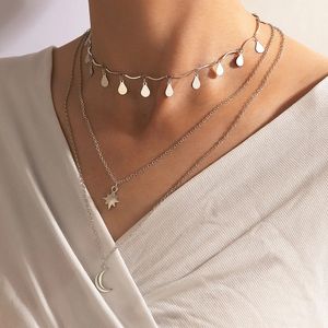 Boho maanzon hanger nekking voor vrouwen charme zilveren kleur lichtmetalen metalen multilayer wafer ketting sieraden kraag