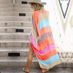 Boho Multicolor Robes rayées Maillot de bain Cover-ups Plus Taille Beach Wear Kimono Robe Femmes Été Maillot de bain Cover Up A828 210420