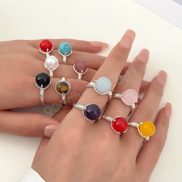 Boho naturel pierre anneaux ouverts pour mariage coloré améthyste opale torsion métal bague femmes réglable bijoux cadeau