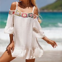 Boho OffShoulder Straps Mini Vestido de playa Verano Mujeres Bikini Cover Ups Half Flare Manga Ruffle Hem Casual Wear 240320