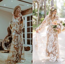 Boho Destino al aire libre Sirena Vestidos de novia Slip Lace Robe Mangas largas Ilusión Sin respaldo Elopement bohemain Vestidos de novia Rue1552476