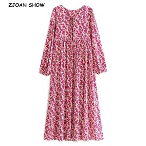 BOHO Rose Gland Laçage Col V Emplacement Fleur Imprimer Longue Robe Hippie Femme À Bretelles Manches Robes De Vacances Plage 210429