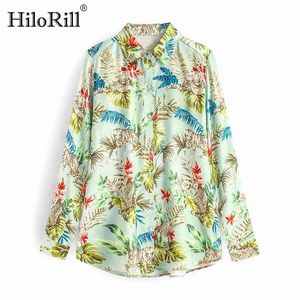 Blusa de satén de manga larga con estampado bohemio para Mujer, cuello vuelto, vacaciones, playa, Tops para Mujer, camisa holgada, Túnica, Blusas para Mujer 210508