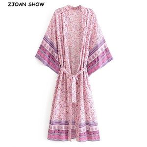 BOHO violet rose imprimé fleuri longue Kimono chemise Hippie femmes laçage cravate nœud ceintures Cardigan ample Blouse hauts vacances 210429