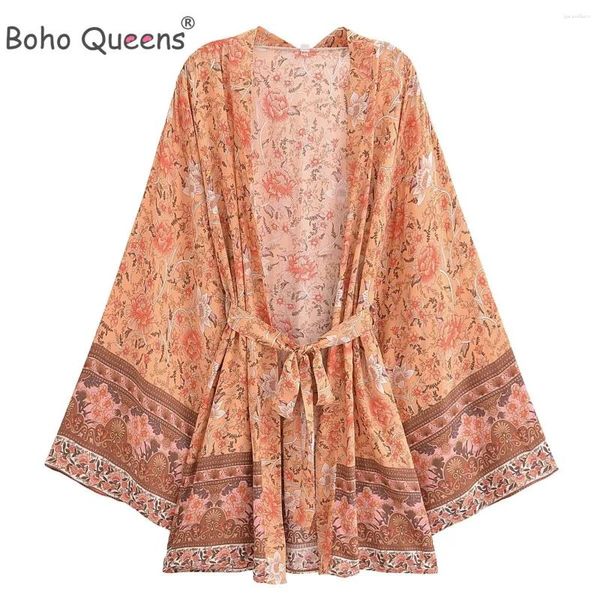 Boho Queens Femmes Jaune Floral Print Bat Sleeve Bohemian Kimono Robes Ladies V Colon Rayon Short Robe Bikini Cover Up