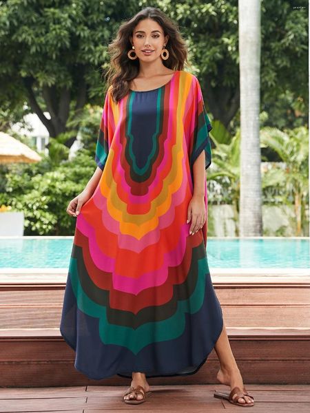 Boho Rainbow Print plus taille Kaftan Sexy Batwing Sleeve Beach Robe Femme Vêtements d'été Sweetwear Couvre de maillot de bain Q1632